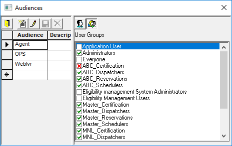 The Audiences dialog box showing a list of User Groups for Agent.