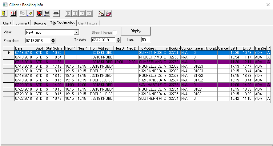The Client / Info dialog box with one trip selected and two suppressed as indicated by a specific color (in this case, purple).