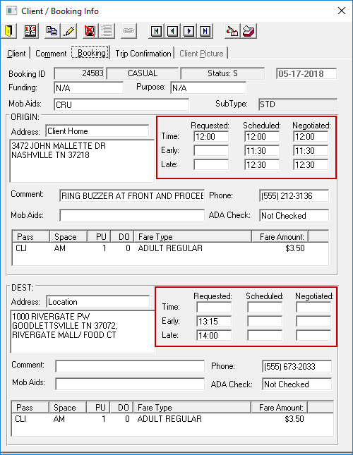 The Client / Booking Info dialog box open to the Booking tab with the Origin and Destination (DEST) Requested, Scheduled, and Negotiated times circled in red.