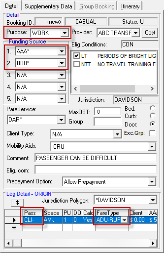 Trip Booking's Detail tab with the Purpose, two Funding Sources, Pass (Passenger Type), and FareType circled in red.