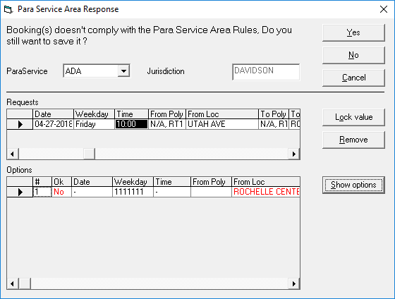 The Para Service Area Response dialog box shows fewer results after the Show options button is clicked.