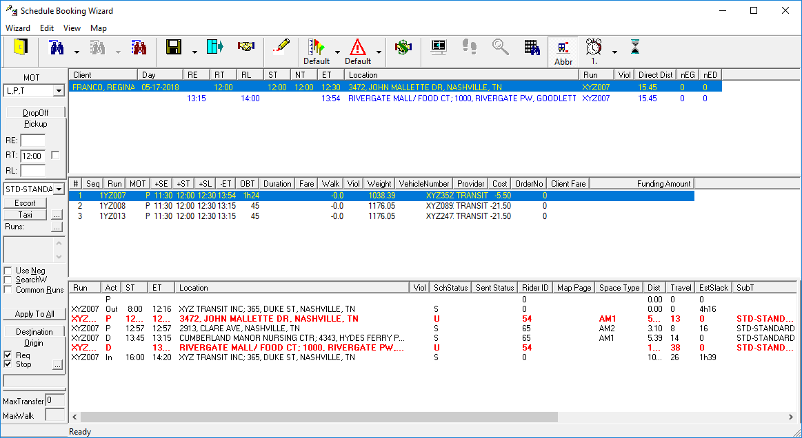 The Schedule Booking Wizard after searching for itinerary options.