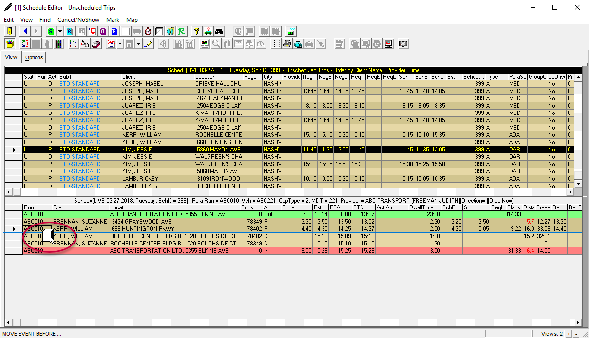Schedule Editor's Unscheduled Trips view and a Run Itinerary view open as a trip is dragged onto the run itinerary. The pointer icon, which includes an image of a stack of papers, is circled in red.