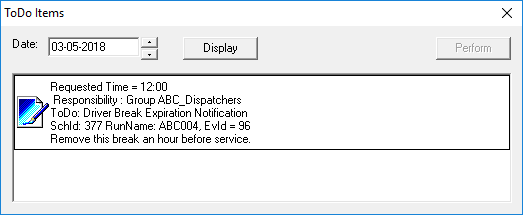 The ToDo Items dialog box. An item added through the Add break After dialog box is visible on the ToDo list.