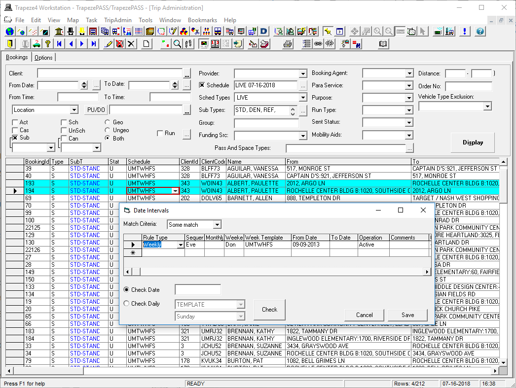 Trip Administration with a pair of trips selected, the drop-down in the Schedule column visible for one of the trips, and the Date Intervals dialog box open in the foreground.