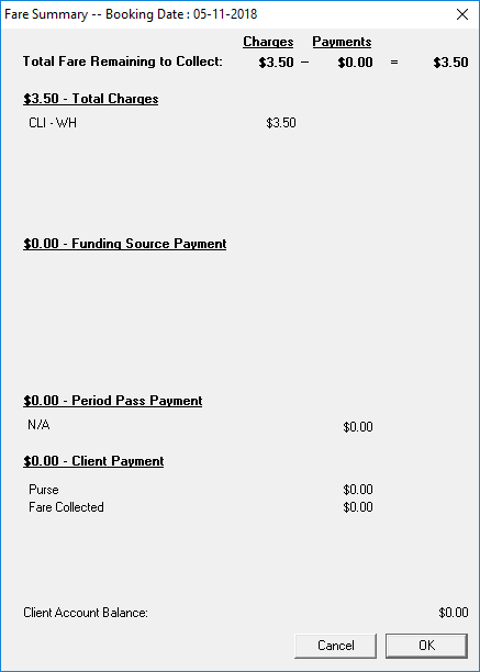 The Fare Summary dialog box. It shows the client's Total Fare Remaining to Collect as $3.50.