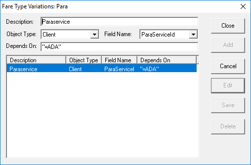 The Fare Type Variations dialog box for Para. The Object Type is Client, the Field Name is ParaServiceId, and the Depends On value is "=ADA".