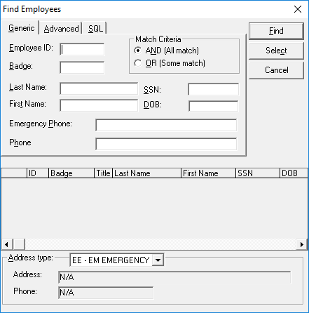 The Find Employees dialog box open to the Generic tab.