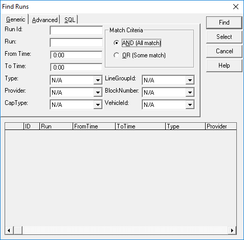The Find Runs dialog box. Fields to search by include Run Id, Provider, and CapType.