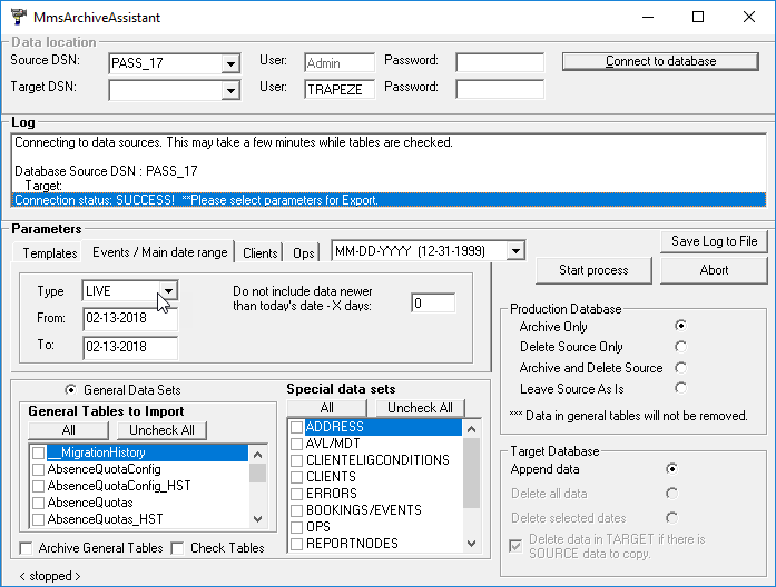 The MmsArchiveAssistant with Source DSN and User information visible,