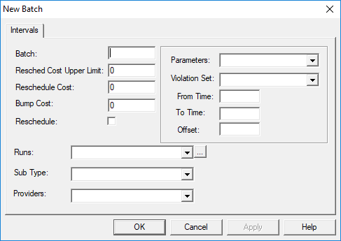 The New Batch dialog box open to the Intervals tab. No batch information is defined.