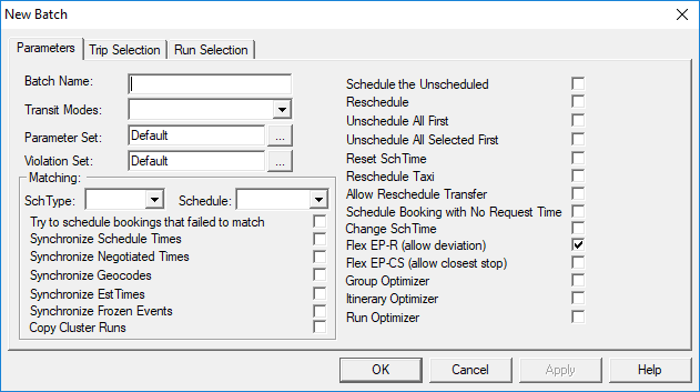 The New Batch dialog box open to the Parameters tab. No batch information is defined.