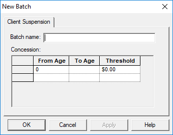 The New Batch dialog box open to the Client Suspension tab. No batch information is defined.