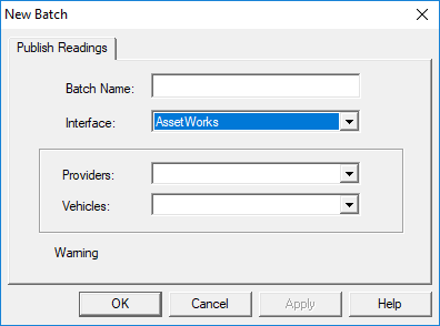The New Batch dialog box open to the Publish Readings tab with the Interface selected as AssetWorks.