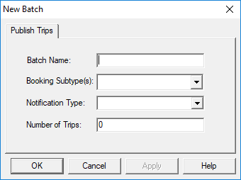 The New Batch Dialog box open to the Publish Type tab. No fields are defined.