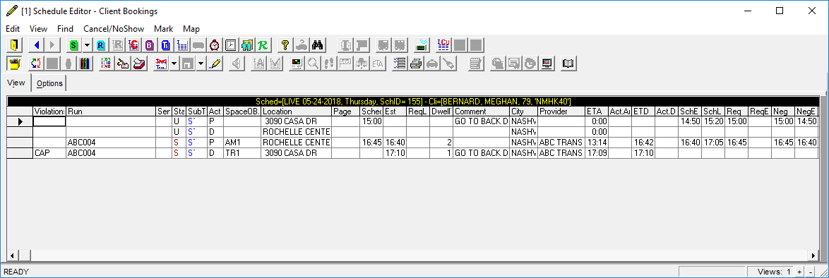 Schedule Editor's Client Bookings view shows all of the client's scheduled and unscheduled bookings for a selected Schedule.