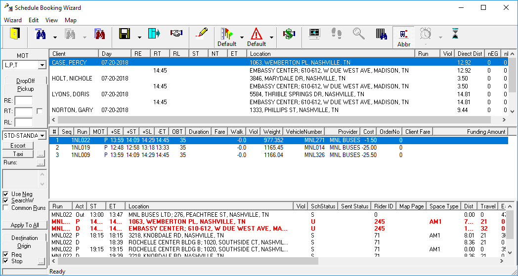Schedule Booking Wizard with multiple bookings visible in the top pane and suggested scheduling options for the selected booking visible in the middle pane.