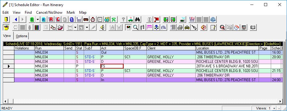 Schedule Editor's Run Itinerary view with a flag stop (FS) event circled in red.