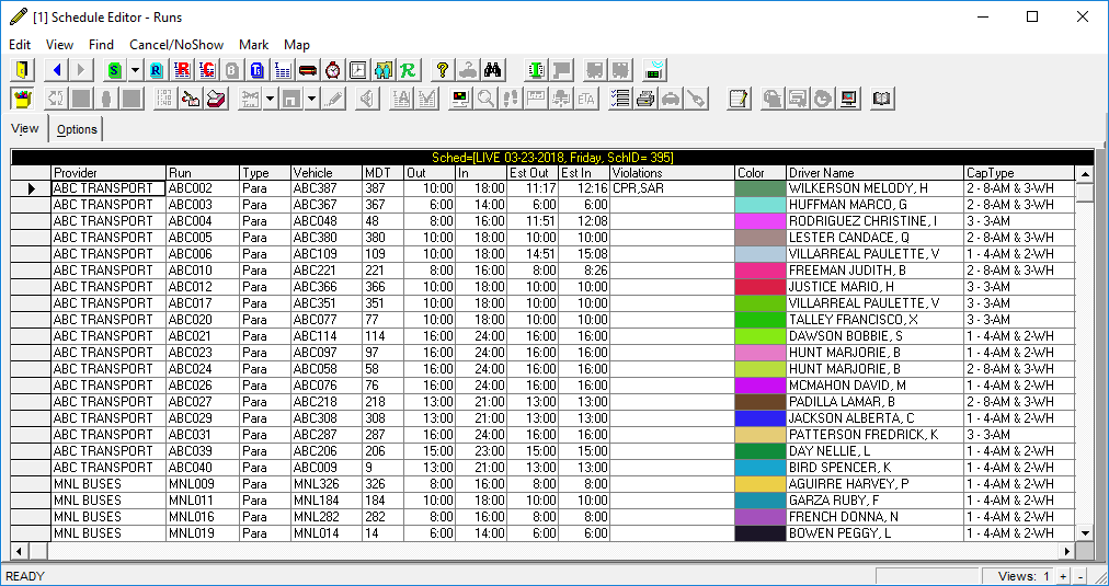 Schedule Editor open to Runs view. Violations are visible for one run.