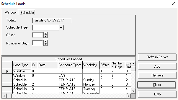 The Schedule Loads dialog box showing LIVE and TEMPLATE schedule types.