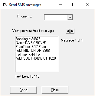 The Send SMS messages dialog box showing a sample message.