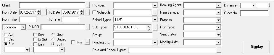 Trip Administration with From Date, To Date, Sched Types, and Sub Types defined. Only the Sub check box is selected in the trip type area.
