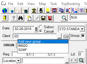 In Trip Booking, Group is selected, the group /22 was not found and the Client field suggests adding a new group or selecting one of the available existing groups.