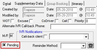 In Trip Booking, the Supplementary Data tab is open and the Pending check box is selected.