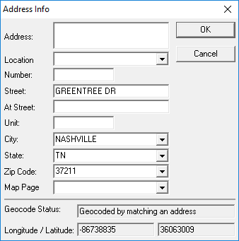 Sample data shown in Address Info dialog box. The street is defined as Greentree Dr, the City is defined as Nashville, the State is defined as TN, and the Zip Code is defined as 37211.