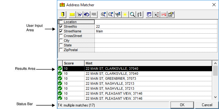 The Address Matcher dialog box with call-outs for the User Input Area, the Results Area, and the Status Bar.