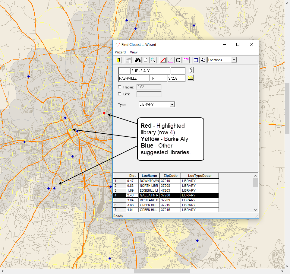 The system map with Find Closest Wizard Open and a Locations result selected in the grid. Blue dots are visible on the map for suggested location Type options, a yellow dot is visible for the address being searched around, and a red dot is visible for the selected result.