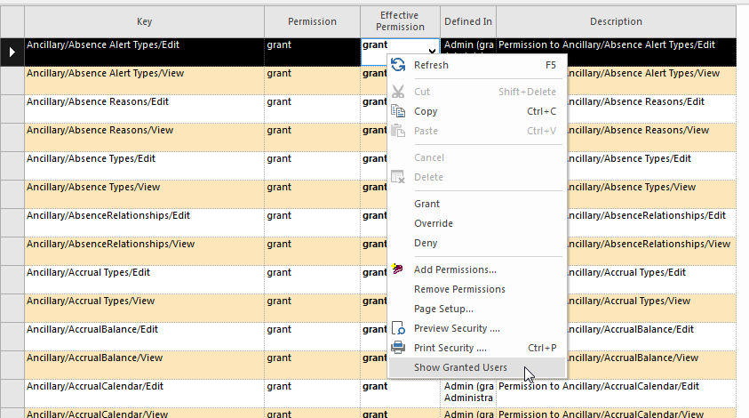 Permission Key with Show Granted Users menu item