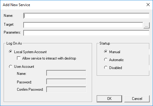 The Add New Service dialog box with no Name, Target, or Parameters defined.