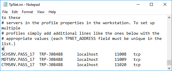 TpNet.ini file containing example SCHSRV, MDTSRV, and CTMSRV values.