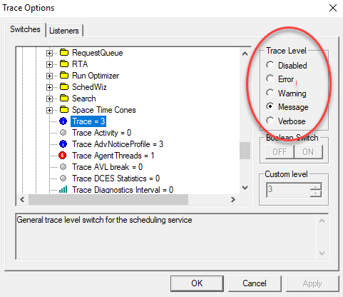 Trace Level in Trace Options dialog box