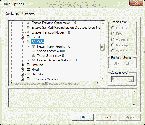 Trace Options dialog box with the Switches tab open