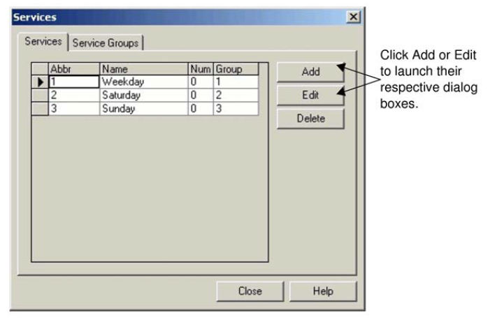 The Services dialog box with a callout to click Add or Edit.