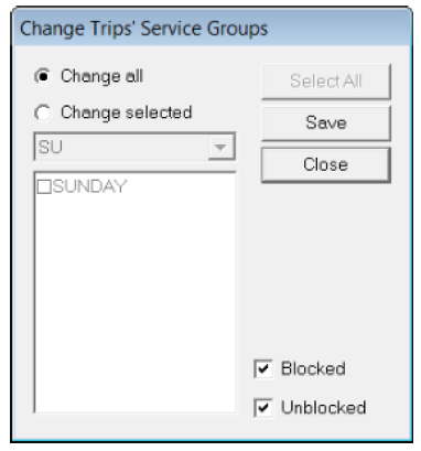 The Change Trips' Service Groups dialog box.