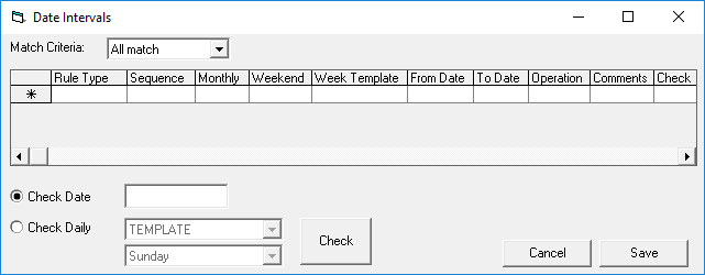 The Date Intervals dialog box with All match selected as the Match Criteria.