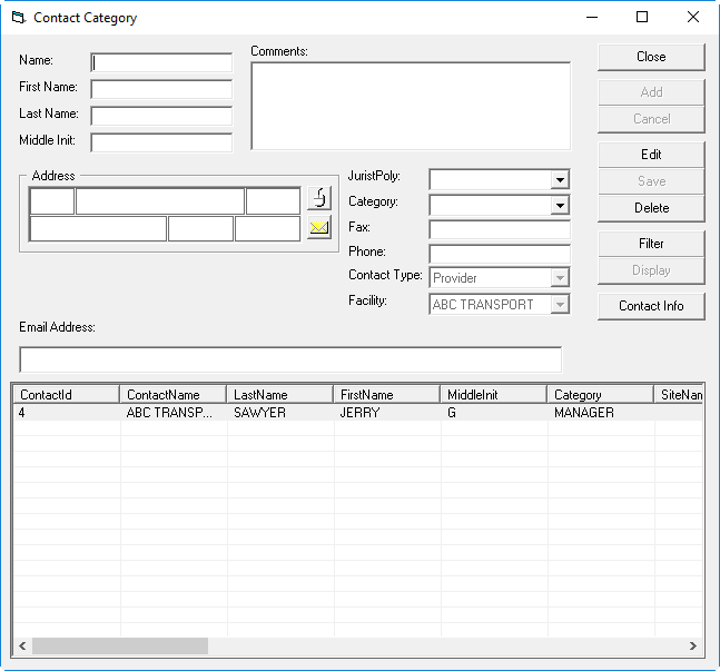 Contact Category dialog box with all fields blank. one contact is listed in the contacts grid.