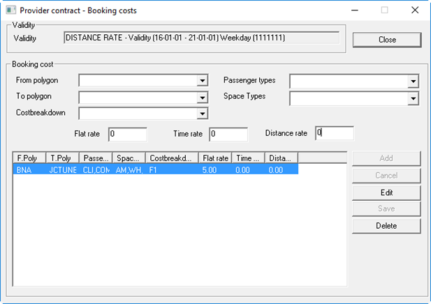 The Provider contract - Booking costs dialog box with one booking cost defined.