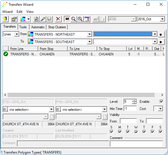 The Transfers Wizard dialog box with one transfer shown in the middle pane.