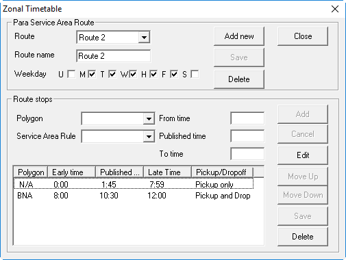 The Zonal Timetable dialog box with two zonal timetables defined.