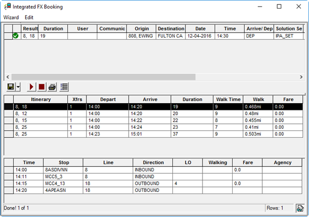 The Integrated FX Booking dialog box with one successful trip and details shown for the trip.