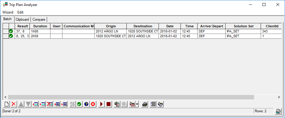 The Trip Plan Analyzer Wizard with two trips shown as successful.