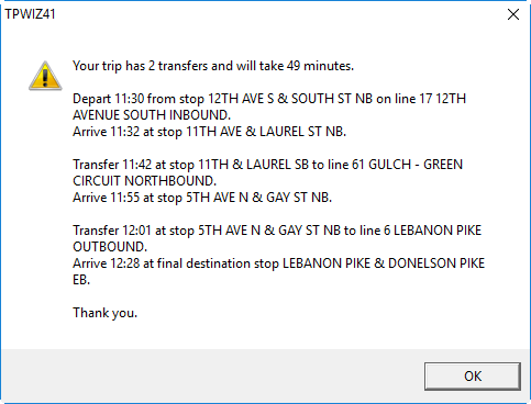 The TPWIZ41 dialog box showing an itinerary description for a trip that has two transfers and will take 49 minutes.
