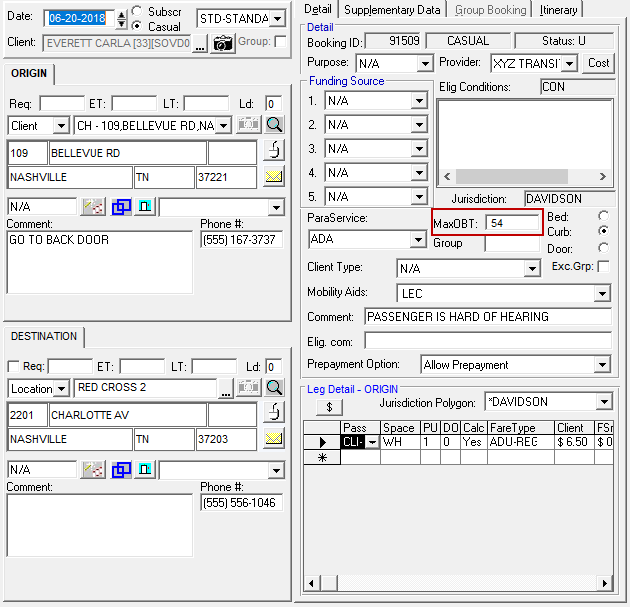 Trip Booking with the MaxOBT field circled in red. The MaxOBT time for the trip is 54.
