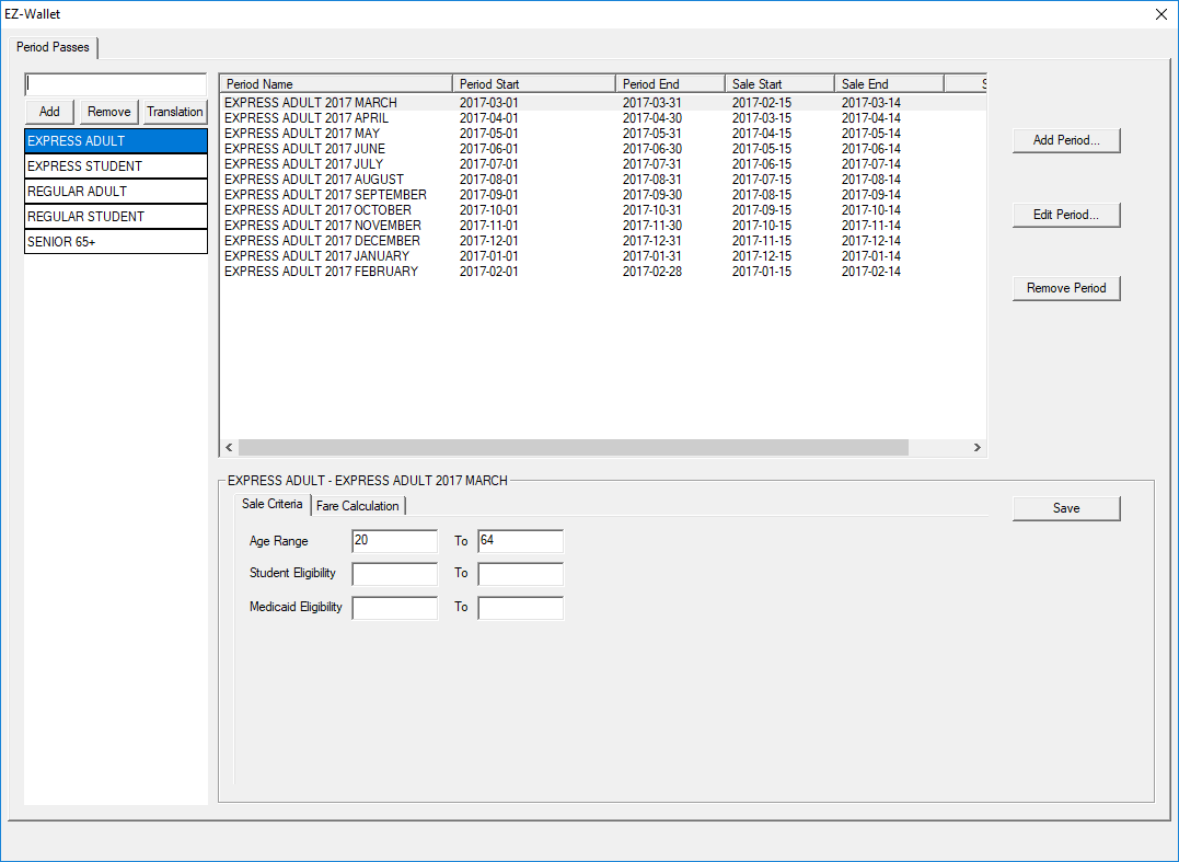 The EZ-Wallet Period Passes dialog box showing a list of period names and dates for a previously defined pass (Express Adult).