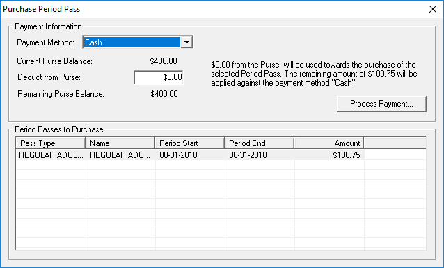 The Purchase Period Pass dialog box with two Period Passes to Purchase options listed.