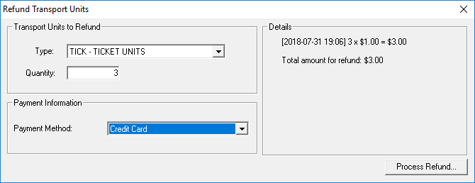 The Refund Transport Units dialog box showing the Transport Units to Refund, Payment Information, and Details.